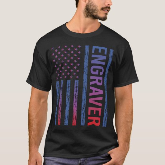 Blauw Rood Amerikaanse vlag graveur T-shirt (Voorkant)