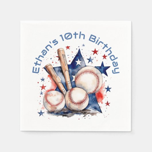 Blauw Rood Baseball Bat Ball Naam BIrthday Party Servet (Voorkant)