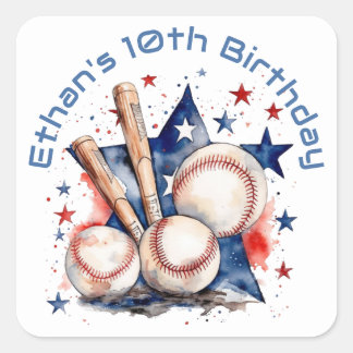 Blauw Rood Baseball Bat Ball Naam BIrthday Party Vierkante Sticker