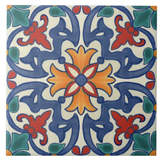 Blauw Rood Blauwgroen Geel Wit Azulejos Patroon Tegeltje (Voorkant)