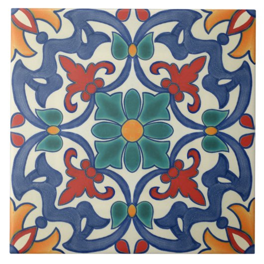 Blauw Rood Blauwgroen Geel Wit Azulejos Patroon Tegeltje (Voorkant)