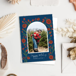 Blauw Rood Bloemen Boho Arched Foto Vakantie Kaart