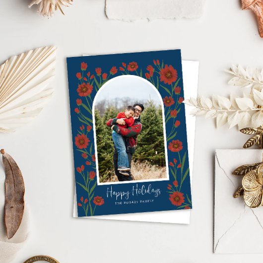 Blauw Rood Bloemen Boho Arched Foto Vakantie Kaart