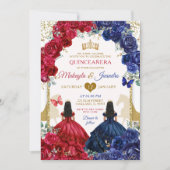 Blauw Rood Bloemen Elegante Tweeling Meisjes Quinc Kaart (Voorkant)