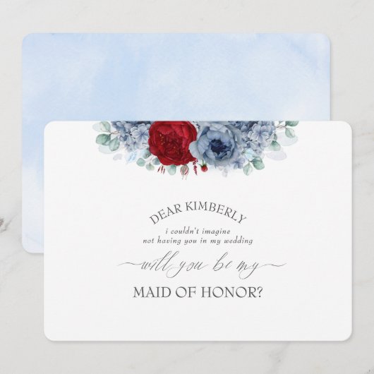 Blauw Rood Bloemen Maid of Honor Bruidsmeisje Voor Kaart (Voorkant / Achterkant)