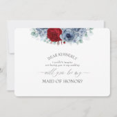 Blauw Rood Bloemen Maid of Honor Bruidsmeisje Voor Kaart (Voorkant)