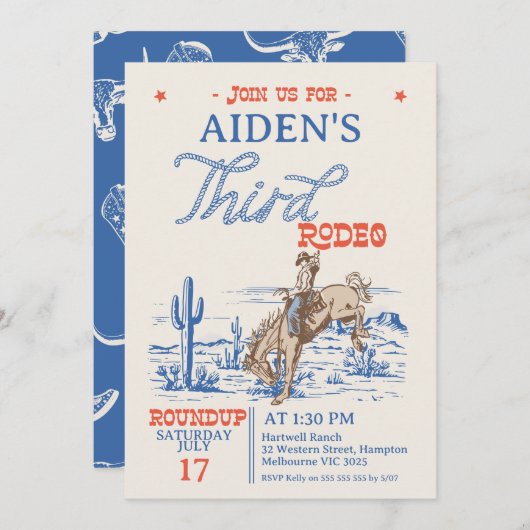  Blauw Rood Bronco 3e Rodeo 3e verjaardag Kaart (Voorkant / Achterkant)