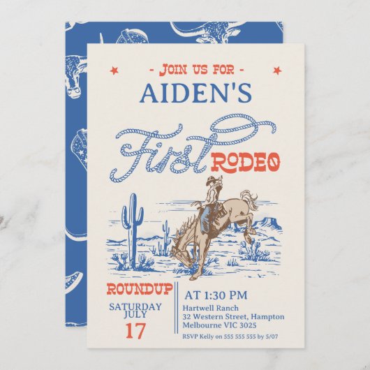 Blauw Rood Bronco Rodeo 1e verjaardag Kaart (Voorkant / Achterkant)