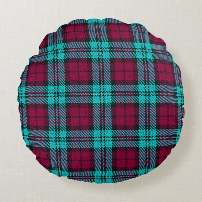Blauw Rood Campbell Tartan Blackwatch Plaid Rond Kussen (Voorkant)