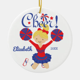 Blauw & Rood Cheer Blond Cheerleader Ornament