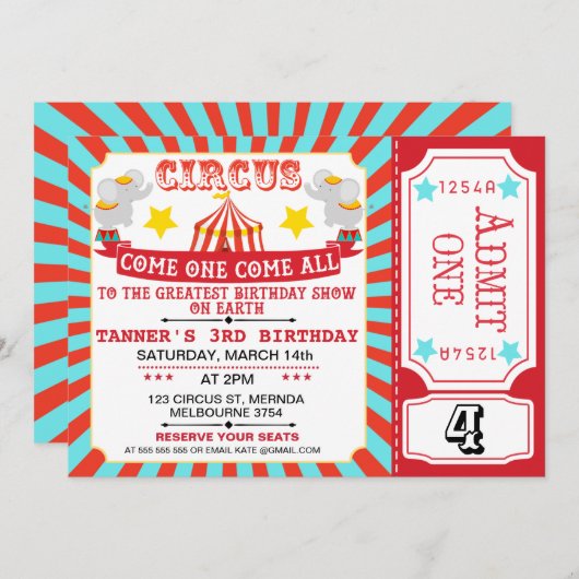 Blauw Rood Circus Ticket Circus Tent Verjaardag Kaart (Voorkant / Achterkant)