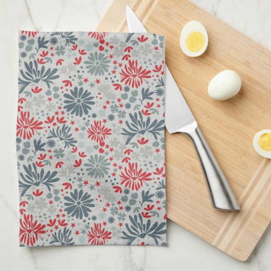 Blauw & Rood Ditzy Bloemen Theedoek (Quarter Fold)
