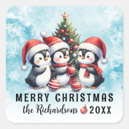 Blauw Rood Drie Leuke Pinguïns Vrolijk Kerstfeest Vierkante Sticker