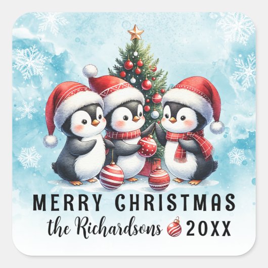 Blauw Rood Drie Leuke Pinguïns Vrolijk Kerstfeest Vierkante Sticker (Voorkant)