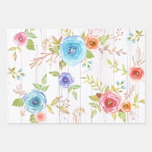 Blauw rood elegant land bloemenkleur waterverf chi inpakpapier vel (Voorkant 2)