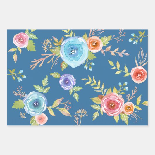 Blauw rood elegant land bloemenkleur waterverf chi inpakpapier vel (Voorkant)