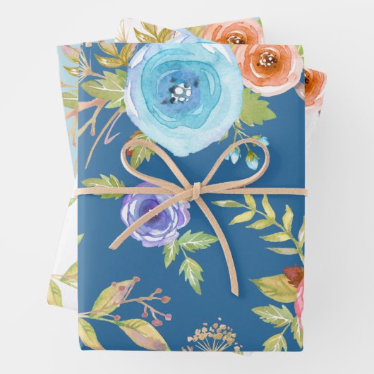 Blauw rood elegant land bloemenkleur waterverf chi inpakpapier vel (In situ)