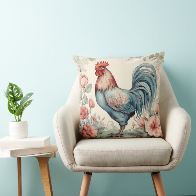 Blauw Rood en Cream AI Charming Rooster Kussen (Stoel)
