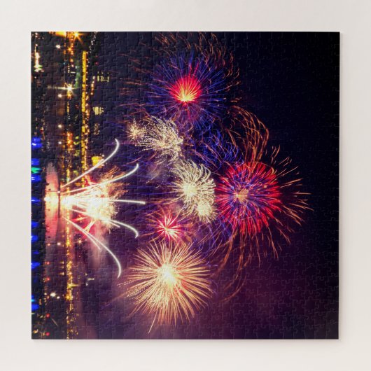 Blauw-, rood- en goudvuurwerk legpuzzel (Horizontaal)