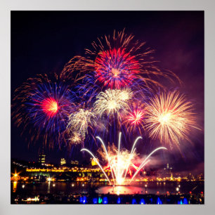 Blauw-, rood- en goudvuurwerk poster