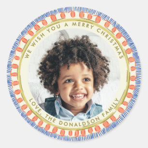 Blauw Rood en Groen Waterverf Gelukkig Franje Foto Ronde Sticker