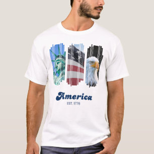 Blauw Rood en Wit Gefragmenteerde Amerikaanse Kuns T-shirt