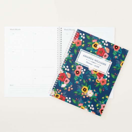 Blauw & Rood Folk Boho Floral Pattern - Naam toevo Planner (Display)
