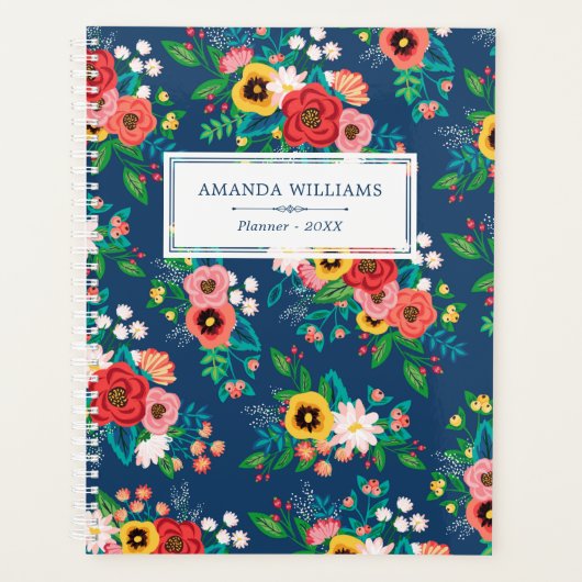 Blauw & Rood Folk Boho Floral Pattern - Naam toevo Planner (Voorkant)