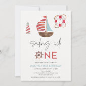 Blauw Rood Foto Nautische Zeilboot 1e Verjaardag Kaart (Voorkant)