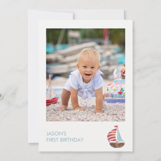 Blauw Rood Foto Nautische Zeilboot 1e Verjaardag Kaart (Achterkant)