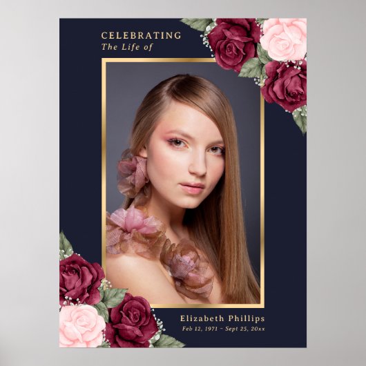 Blauw rood foto viering van het leven rouwkaart poster (Voorkant)