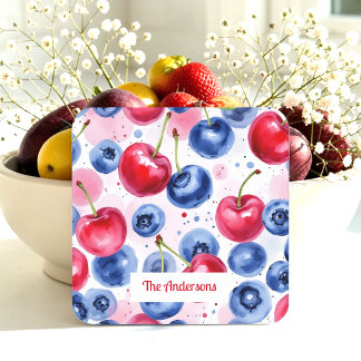 Blauw Rood Fruit Voedsel Patroon Berry Cherry Kartonnen Onderzetters