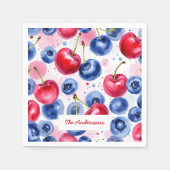 Blauw Rood Fruit Voedsel Waterverf Berry Cherry Servet (Voorkant)