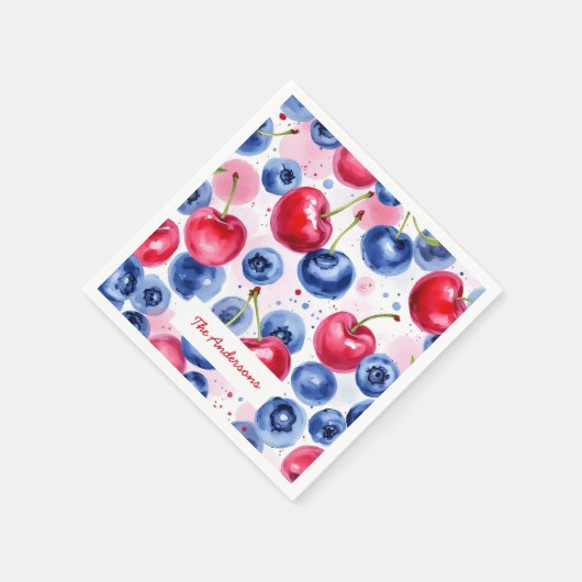 Blauw Rood Fruit Voedsel Waterverf Berry Cherry Servet (Hoek)