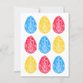 Blauw/Rood/Geel Rustiek Bloemen Paaseieren Linocut Briefkaart