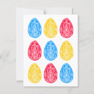 Blauw/Rood/Geel Rustiek Bloemen Paaseieren Linocut Briefkaart