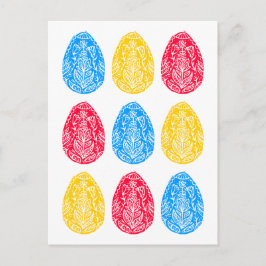 Blauw/Rood/Geel Rustiek Bloemen Paaseieren Linocut Briefkaart