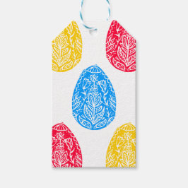 Blauw/Rood/Geel Rustiek Bloemen Paaseieren Linocut Cadeaulabel
