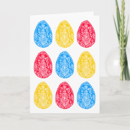 Blauw/Rood/Geel Rustiek Bloemen Paaseieren Linocut Kaart