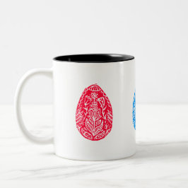 Blauw/Rood/Geel Rustiek Bloemen Paaseieren Linocut Tweekleurige Koffiemok