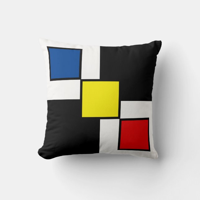 Blauw Rood Geel  Vierkanten op Zwart Wit Kussen (Voorkant)