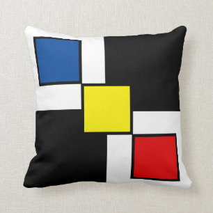 Blauw Rood Geel Vierkanten op Zwart Wit Kussen