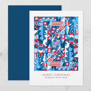 Blauw rood geometrische kerst  feestdagenkaart