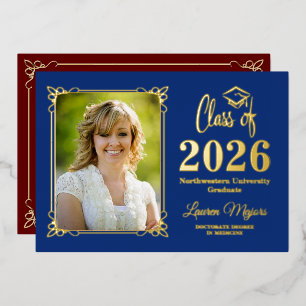 Blauw, Rood Goud FOIL Klas van 2026 Foto Afstudeer Folie Uitnodiging