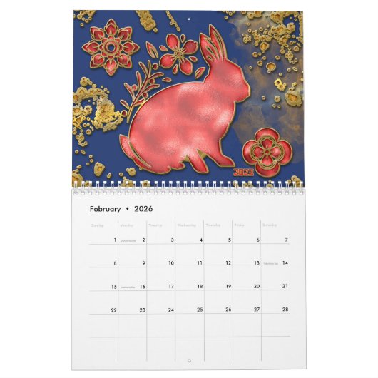 Blauw rood goud jaar van het konijnenjaar Chinees Kalender (Feb 2026)