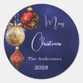 Blauw rood goud kerstballen ronde sticker (Voorkant)