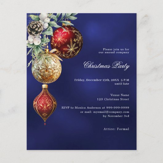 Blauw rood goud kerstballen Uitnodiging kerstfeest (Voorkant)