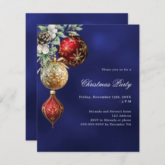 Blauw rood goud kerstballen Uitnodiging kerstfeest (Voorkant / Achterkant)