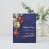 Blauw rood goud kerstballen Uitnodiging kerstfeest (Staand voorkant)