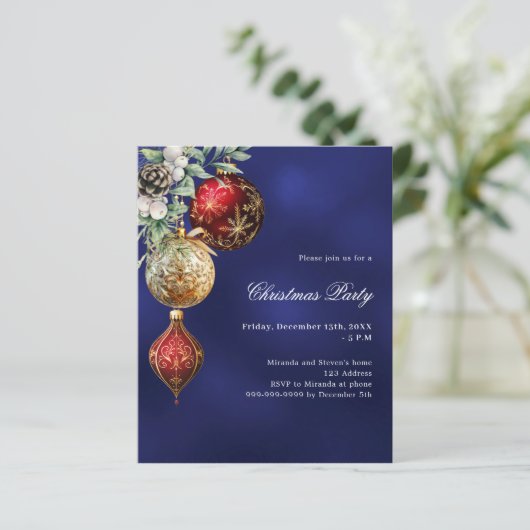 Blauw rood goud kerstballen Uitnodiging kerstfeest (Staand voorkant)